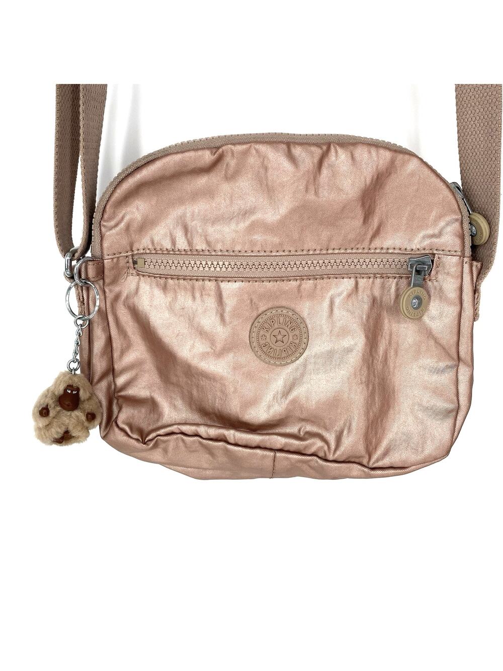 Kipling Sabian Rose Gold Metallic Crossbody Bag Triple Zip Monkey Charm